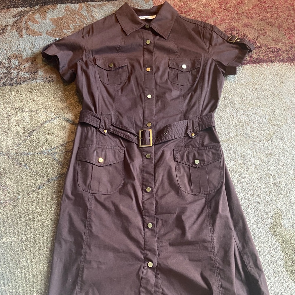 Brown Short Sleeve Button-up Dress